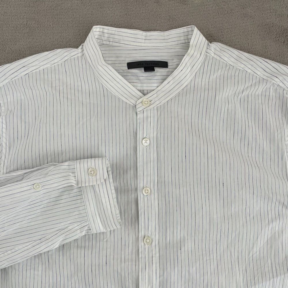John Varvatos Shirt Men Large White Striped Linen Blend Mandarin Collar NWOT